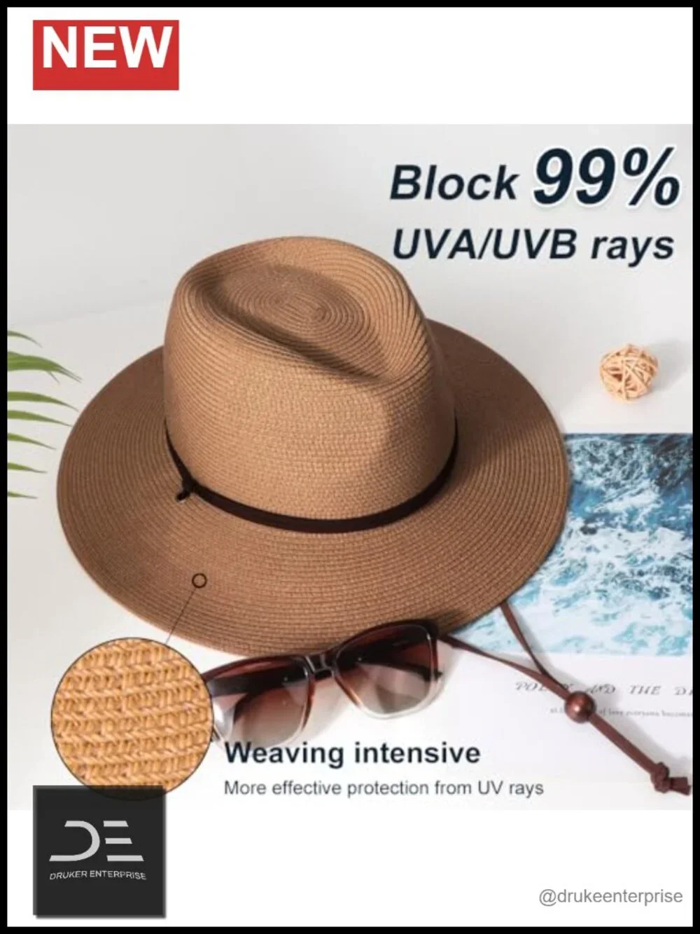 Straw Fedora Panama Hat Wide Brim Roll Up UPF 50+ Sun Hat